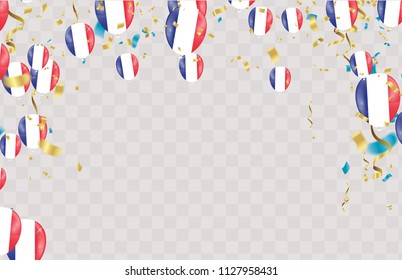 France flags and France balloons garland with confetti on white Confetti and ribbons flag ribbons, Celebration background template. victory.winner.football