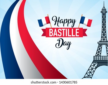 france flags and eiffel tower happy bastille day vector illustration