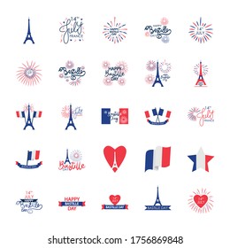 france flags and Happy bastille day icon set over white background, flat style, vector illustration