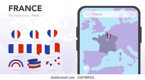 France flags set. Mobile map application, Smartphone search. Map and capital city. World ribbon flags. Vector set. Collection of national symbols. Bubble speech, circle, heart, rainbow icons. Paris