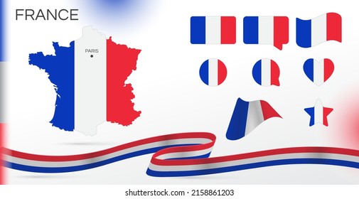 France flags set. Various designs. Map and capital city. World flags. Vector set. Circle icon. Template for independence day. Collection of national symbols. Ribbon with colors of the flag. Paris