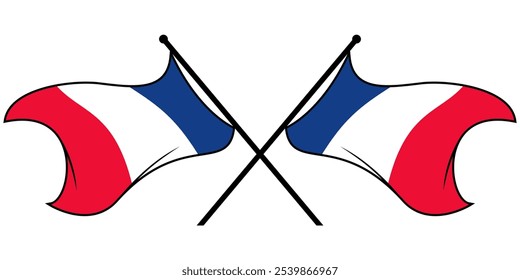 France Flags Waving Crossed on Poles, Flat Vector Style, Isolated on White, Scalable EPS File for Web, Print, and Graphic Design Elements