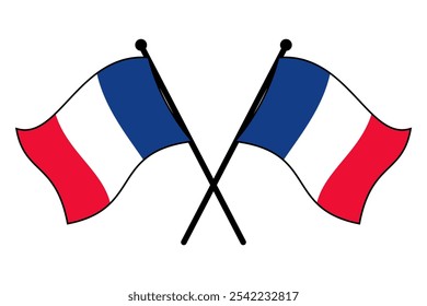 France Flags Waving Crossed on Poles, Flat Vector Style, Isolated on White, Scalable EPS File for Web, Print, and Graphic Design Elements