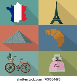 France flat design icon set with shadows.Cartoon style Paris travel poster with signs of famous attractions and cuisine.Vector illustration.