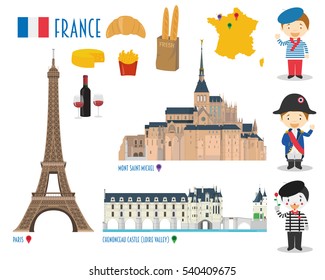 France Flat Icon Set Travel and tourism concept. Vector illustration