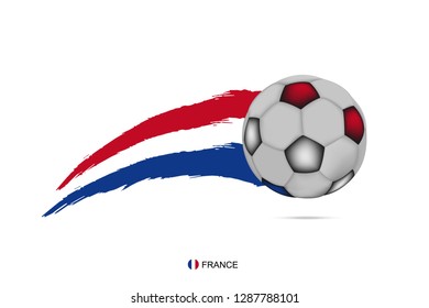 France football championship banner with 3d realistic soccer ball and hand drawn calligraphy ink brush stripes French national flag colors on white background. Vector design element illustration