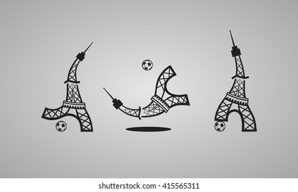 France Football Euro 2016 logo. Eiffel Tower plays soccer. Set of vector icons.