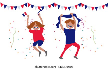 France football fans. Cheerful soccer fans, supporters crowd and England flag. France national day. Isometric people, vector illustration, Isolated background.