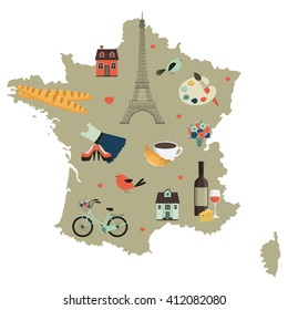 France. French attributes. Map. Vector illustration