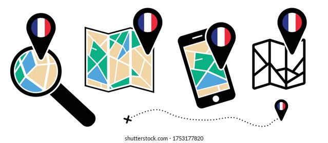 France French flag Folded city map with location Route search tracking icons Mark maps signs Vector pin Symbol Track and trace point marker Fly travel love navigation pointer Roads navigator pins GPS