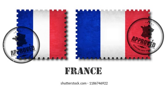 France or french flag pattern postage stamp with grunge old scratch texture and affix a seal on isolated background . Black color country name with abrasion . Square and rectangle shape . Vector .