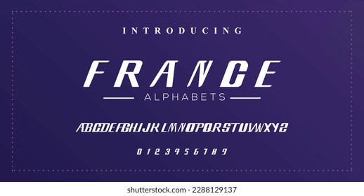 FRANCE futuristic minimalist display font design, alphabet, typeface, letters and numbers, typography.