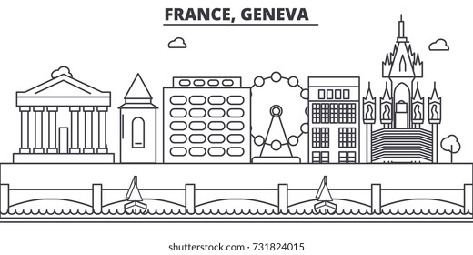 France, Geneva architecture line skyline illustration. Linear vector cityscape with famous landmarks, city sights, design icons. Landscape wtih editable strokes