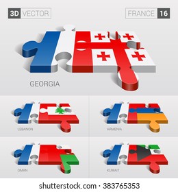 France and Georgia, Lebanon, Armenia, Oman, Kuwait Flag. 3d vector puzzle. Set 16.