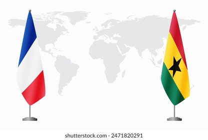 France and Ghana flags for official meeting against background of world map.