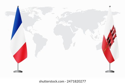 France and Gibraltar flags for official meeting against background of world map.
