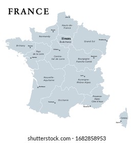France, gray political map. Regions of Metropolitan France. French Republic, capital Paris, administrative regions and prefectures on the mainland of Europe. English. Illustration over white. Vector.