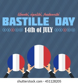 France Greeting Card, Background Vector Design. Hands Hold Flags Illustration. Text "liberty, equality, fraternity" at English