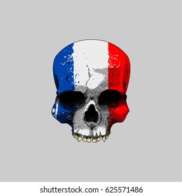 France Grunge Flag on A skull Head, Ink Drawing Skull Head Front View Without Lower Jaw and France Flag