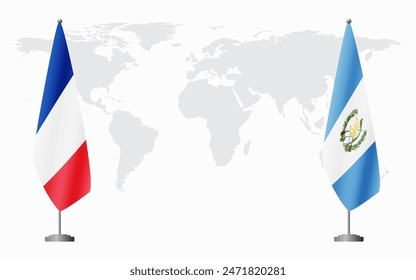 France and Guatemala flags for official meeting against background of world map.