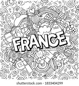 France hand drawn cartoon doodles illustration. Funny travel design. Creative art vector background. Handwritten text with French symbols, elements and objects.