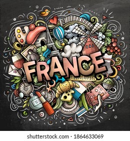 France hand drawn cartoon doodles illustration. Funny travel design. Creative art vector background. Handwritten text with French symbols, elements and objects. Colorful composition