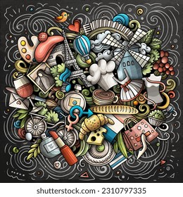 France hand drawn cartoon doodles illustration. Funny travel design. Creative art vector background. French symbols, elements and objects. Chalkboard composition