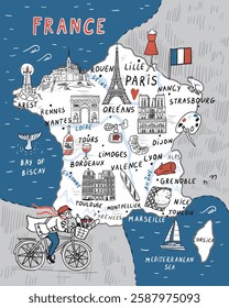 France hand drawn doodle map with famous landmarks and symbols.