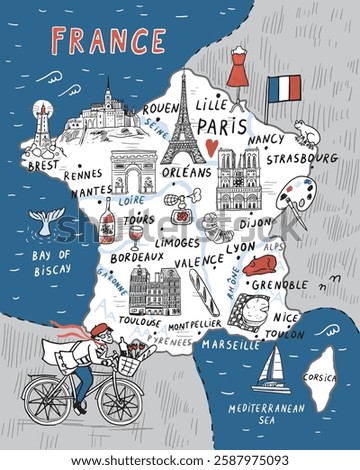 France hand drawn doodle map with famous landmarks and symbols.