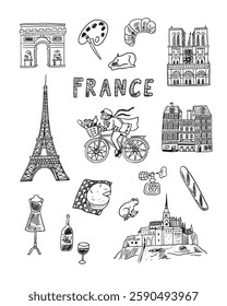 France hand drawn doodle set. Vector illustration for your design