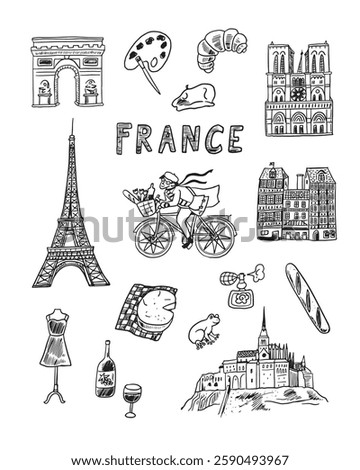 France hand drawn doodle set. Vector illustration for your design