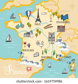 France - hand drawn illustration, map with landmarks