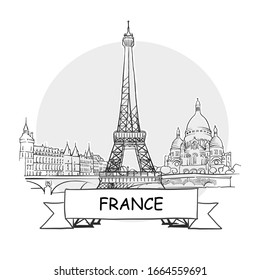 France Hand-Drawn Urban Vector Sign. Black Line Art Illustration with Ribbon and Title.