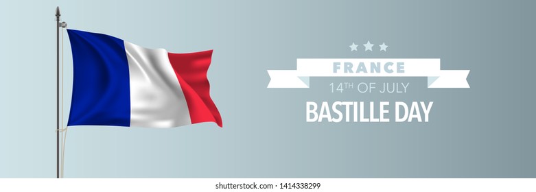 France happy Bastille day greeting card, banner vector illustration. French national holiday 14th of July design element with waving flag on flagpole 