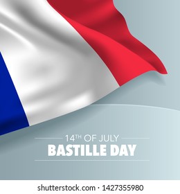 France happy Bastille day greeting card, banner, vector illustration. French national day 14th of July background with elements of flag, square format 