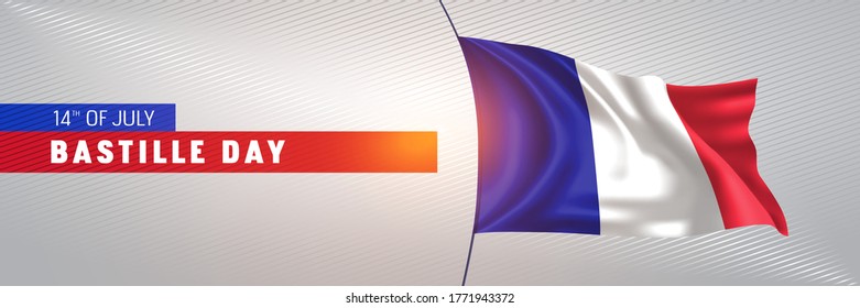 France happy Bastille day greeting card, banner vector illustration. French national holiday 14th of July design element with 3D waving flag on flagpole
