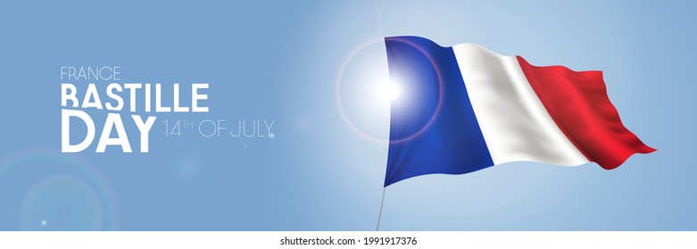 France happy Bastille day greeting card, banner with template text vector illustration. French memorial holiday 14th of July design element with 3D flag with stripes