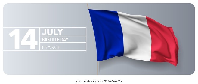 France happy Bastille day greeting card, banner vector illustration. French national holiday 14th of July design element with 3D waving flag on flagpole