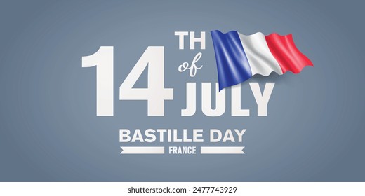 Tarjeta de felicitación de Francia feliz día de la Bastilla, Anuncio con Ilustración vectorial de texto de Plantilla. Elemento de diseño conmemorativo francés del 14 de julio con bandera 3D con rayas