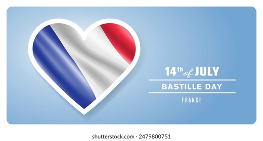 France happy Bastille day greeting card, banner vector illustration. French national holiday 14th of July design element with 3D flag