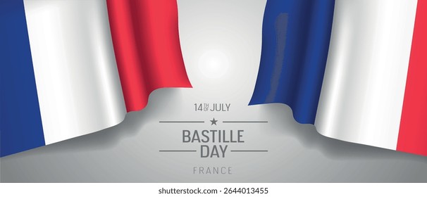 France happy Bastille day greeting card, banner with template text vector illustration. French memorial holiday 14th of July design element with 3D flag with stripes