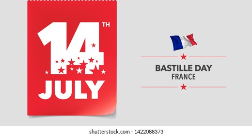 France happy Bastille day vector banner, greeting card. French date of 14th of July and waving flag for national patriotic holiday design 