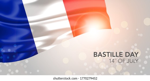 France happy Bastille day vector banner, greeting card. French realistic wavy flag in 14th of July national patriotic holiday horizontal design