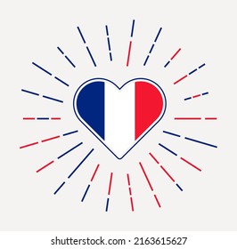 France heart with flag of the country. Sunburst around France heart sign. Vector illustration.