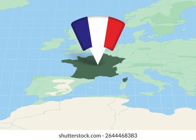 France Highlighted on Europe Map with Flag Icon. Detailed Vector Design.