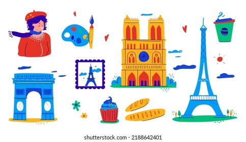 France holidays and tourism - flat design style illustration set. Colorful images of European sights, food and national features. Notre Dame de Paris, Eiffel Tower and Arc de Triomphe. Paris idea