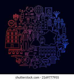 Concepto de círculo de iconos de Francia. Ilustración vectorial del diseño de contorno.