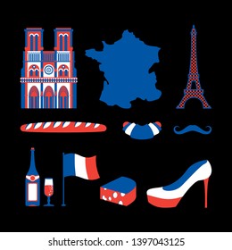 France icon set. National French sign. Eiffel Tower and Notre Dame de Paris. Baguette and wine. Mustache and croissant