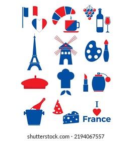 France icon set. Symbol french culture isolated in white background. Eiffel tower, mill, flag France, croissant in national color. France symbol for website, poster, greeting card. Vector illustration