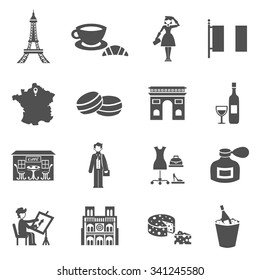 France icons black set with traditional culture symbols isolated vector illustration
